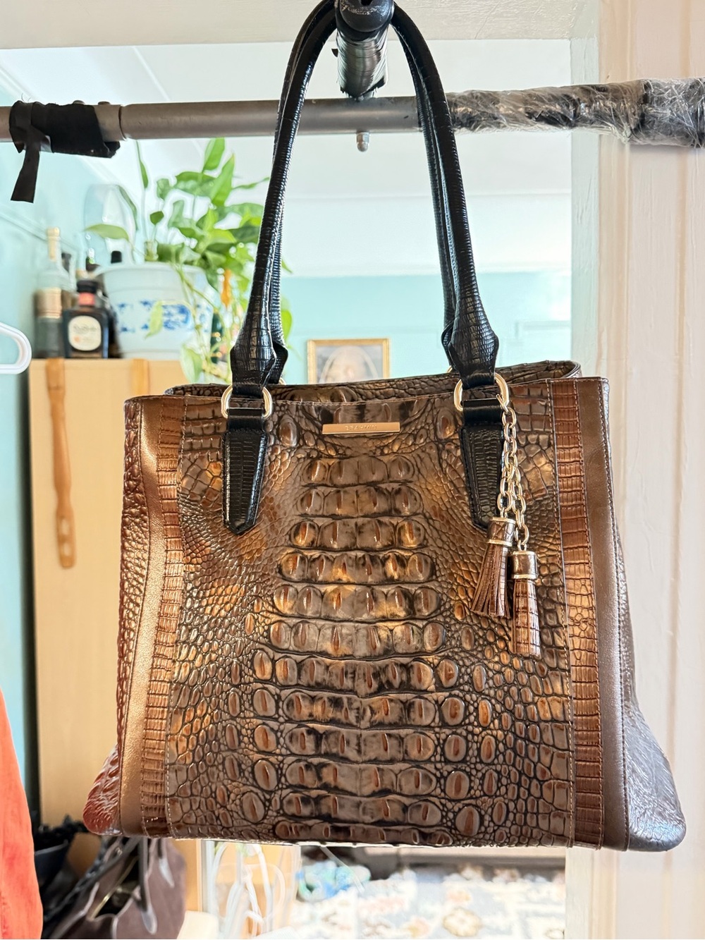 Brahmin Brown Croc-Embossed Tote with Black Handles and Tassel